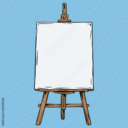 Wooden easel holding a blank white canvas for art
