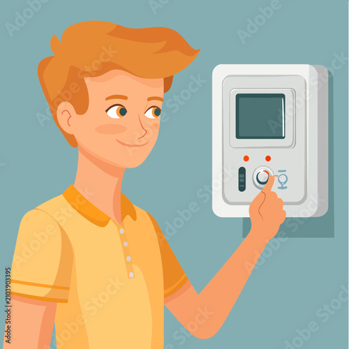 Young boy adjusts wall mounted electronic control system