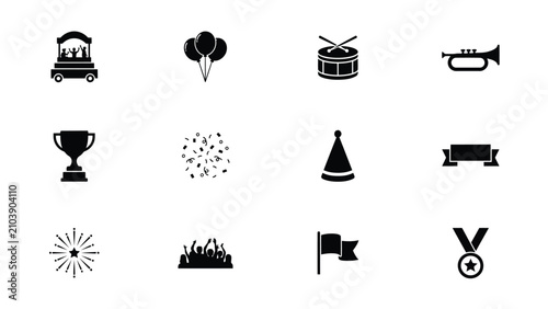 Celebration icons set featuring parade float balloons drum trumpet trophy confetti party hat ribbon banner fireworks crowd flag medal with collection celebrating events