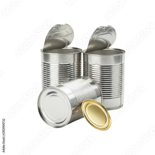 Trio of pristine polished silver tinplate industrial food cans, one horizontal with detached golden lid, two vertical with peeled tops showing sterile interiors, against white, modern packaging study