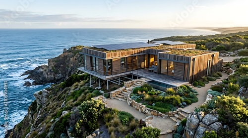 Aerial view of modern sustainable coastal villa with green roof and solar panels on rocky ocean cliff
