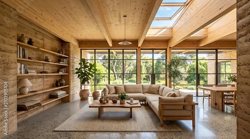 Interior view of sustainable open plan living room with rammed earth walls and timber ceiling