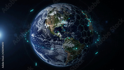 Planet earth surrounded by a glowing digital hexagonal mesh grid and orbiting satellites against a dark space background