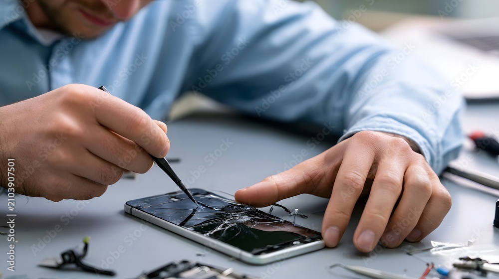 Fototapeta premium A person carefully repairing a cracked smartphone screen using precision tools on a clean work surface