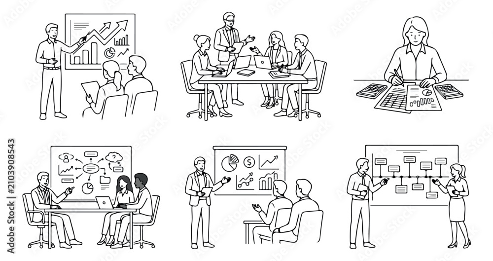 Obraz premium Minimalist business people line art set, professional office meeting and presentation vector illustrations, corporate teamwork and data analysis sketches