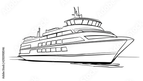 Elegant yacht line drawing on white background.