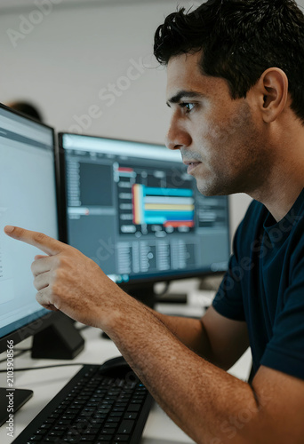 Focused man pointing at com...