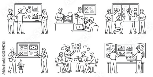Business team collaboration line art set, professional office workflow and data analysis scenes, corporate meeting and project management vector illustrations