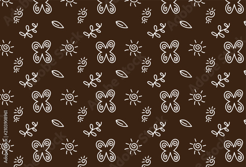 Seamless tribal pattern featuring hand drawn geometric symbols in white on a black background. Minimal ethnic design ideal for textiles, wallpaper, wrapping, and digital backgrounds.
