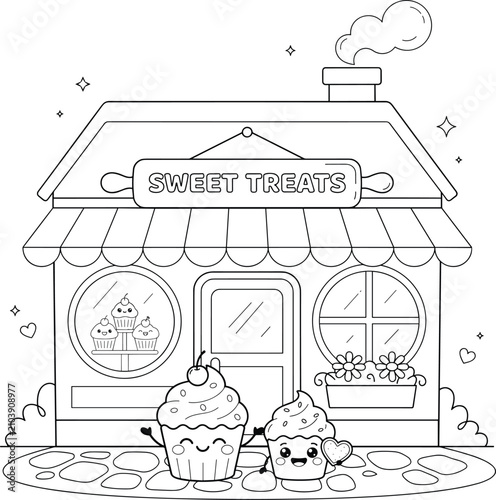 Obraz na plátně Kawaii cupcake shop coloring page vector, cute bakery storefront with sweet trea