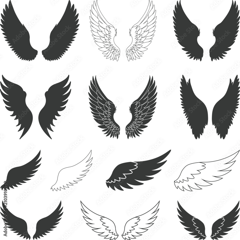 Fototapeta premium Angel Wings Elements Set Silhouette, Abstract feather wings icons set, bird wings Illustration for Symbol design
