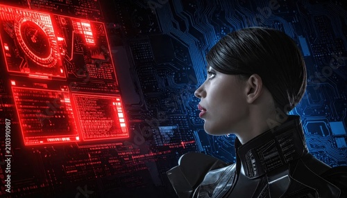 Cyberpunk hacker analyzing digital data interface in dark room.