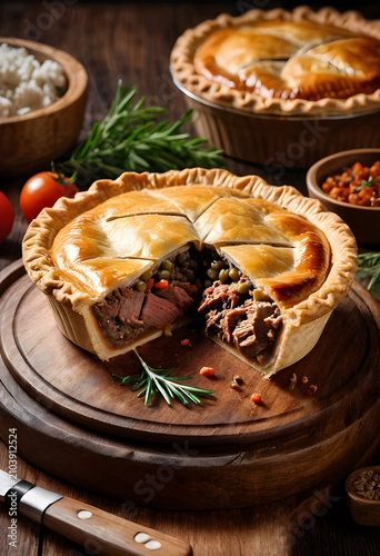 Savory beef pie with a gold...