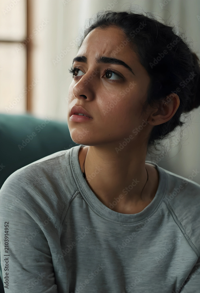 Obraz premium Young indian woman with a concerned expression looking up, mental health and emotional stress concept, close up portrait