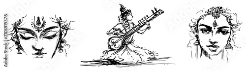 Foto Indian goddess faces and musician set hand drawn ink sketch style