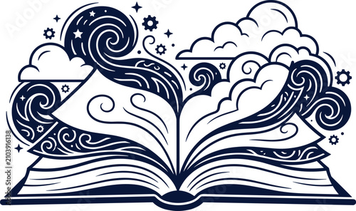 Book with Creative Swirling Elements and Cloud Motif