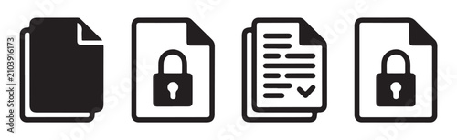 Set of four professional document file icons featuring stacked pages locked files and completed checklists for office.