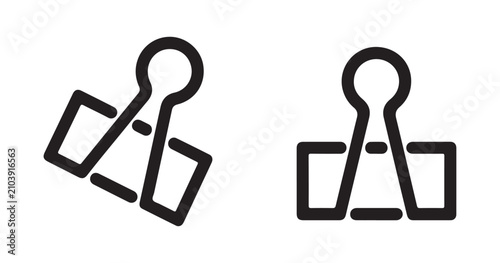 Professional binder clip stationery icons with solid and outline variations for office supplies and documentation.