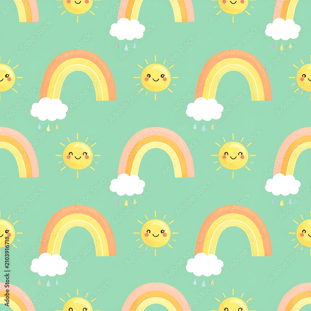 Obraz premium Cute pastel rainbow and smiling sun seamless pattern for nursery design
