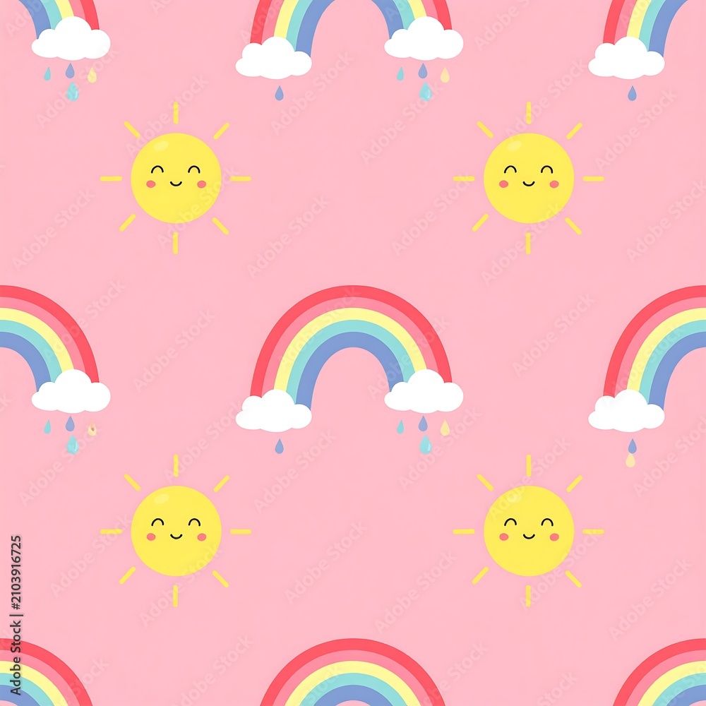 Obraz premium Cute pastel rainbow and smiling sun seamless pattern for nursery design