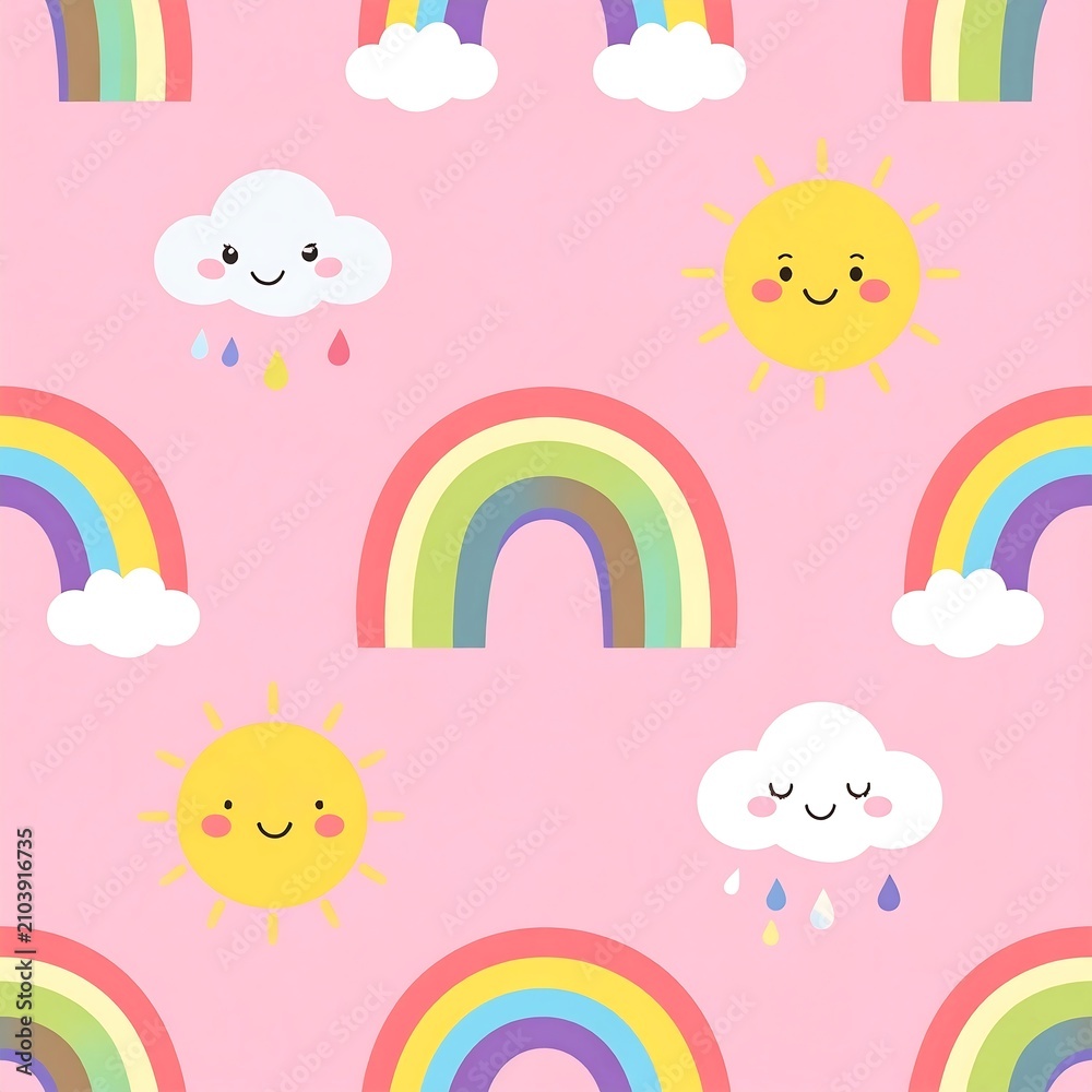 Obraz premium Cute pastel rainbow and smiling sun seamless pattern for nursery design