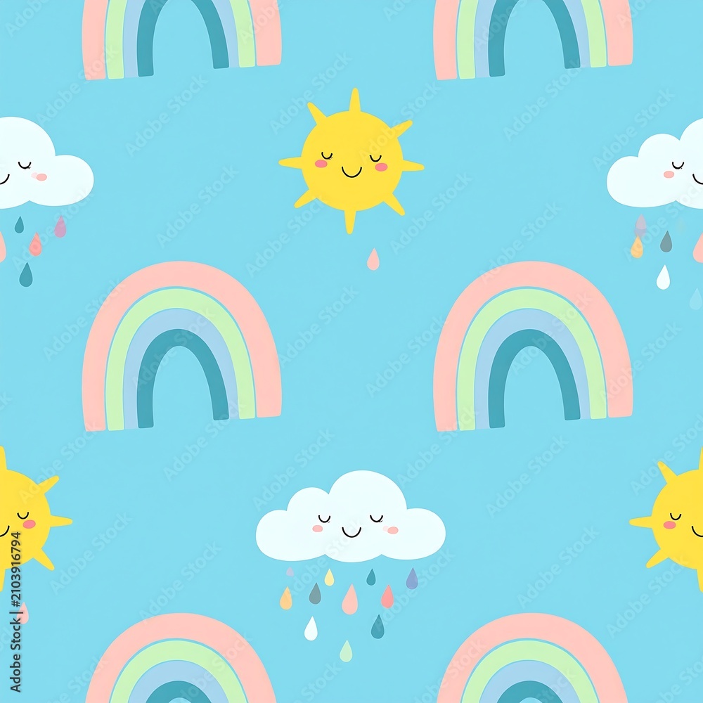 Obraz premium Cute pastel rainbow and smiling sun seamless pattern for nursery design