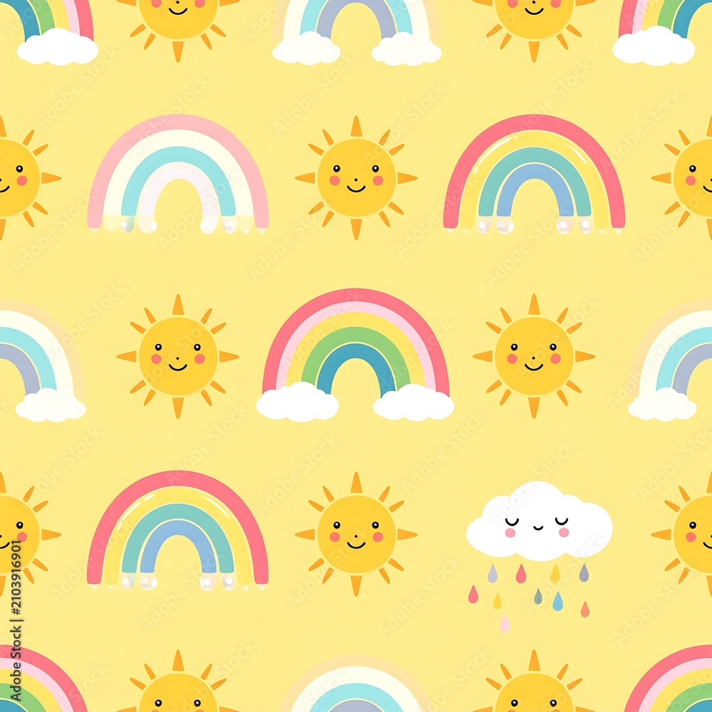 Obraz premium Cute pastel rainbow and smiling sun seamless pattern for nursery design