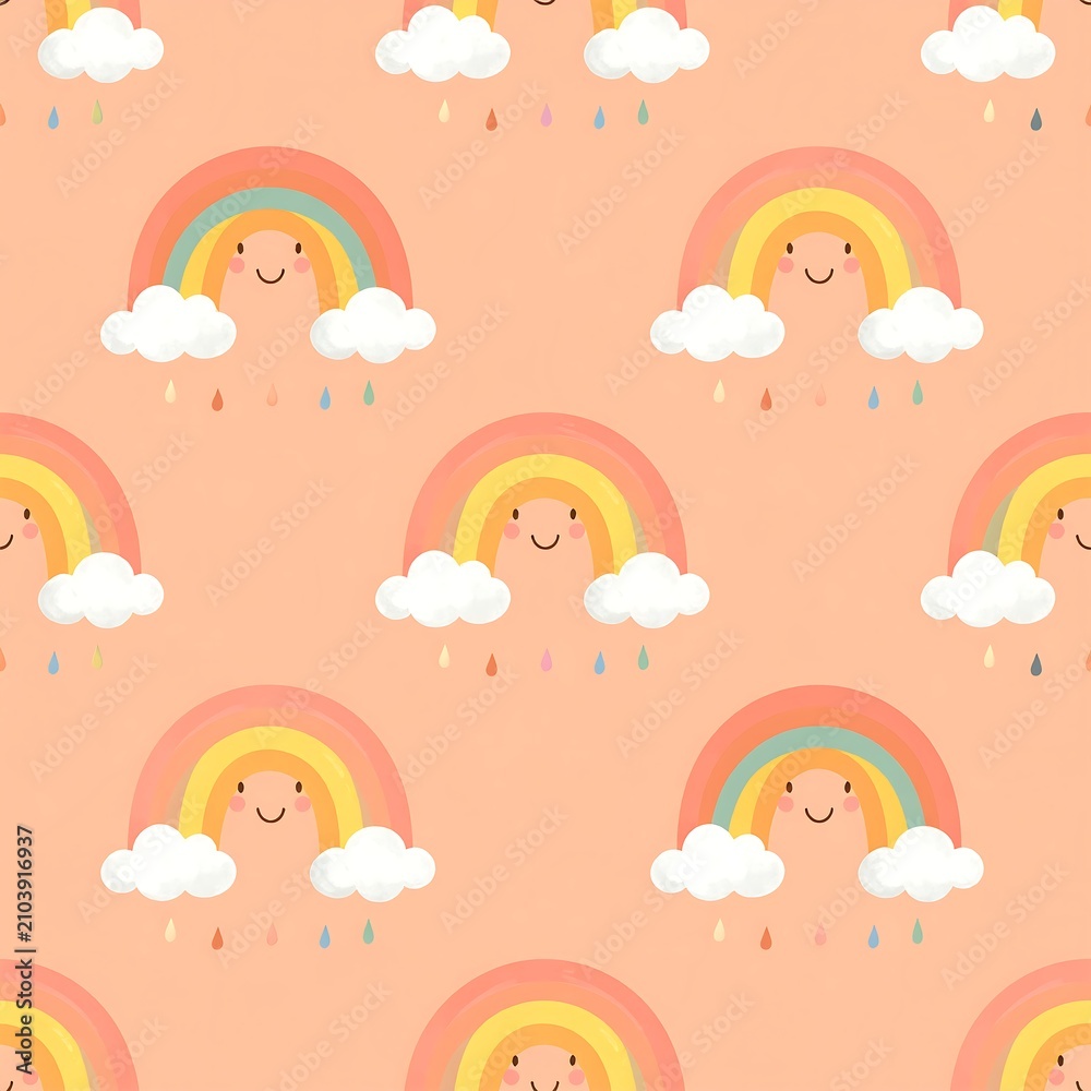 Obraz premium Cute pastel rainbow and smiling sun seamless pattern for nursery design