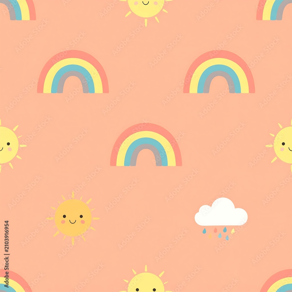 Obraz premium Cute pastel rainbow and smiling sun seamless pattern for nursery design