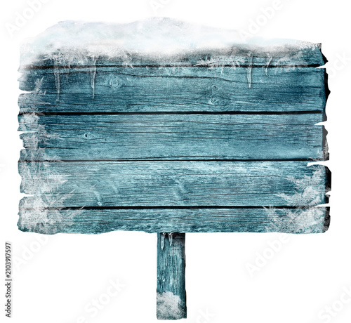 Bild auf Leinwand Old rustic wooden signboard covered in snow and ice with signboard weathered bac