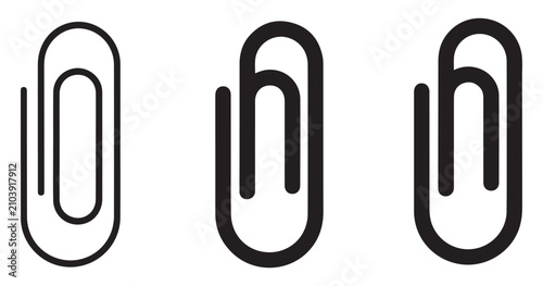 Three distinct paper clip icons in linear style with different internal shapes, depicting office tool.
