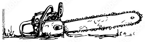 Bild auf Leinwand Gasoline chainsaw power tool on ground in sketchy ink style