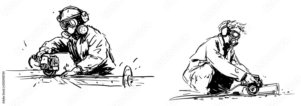Obraz premium Industrial workers cutting metal pipes with angle grinders in loose hand drawn ink sketch style
