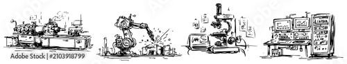 Fotografía Industrial manufacturing machinery and laboratory equipment collection in loose
