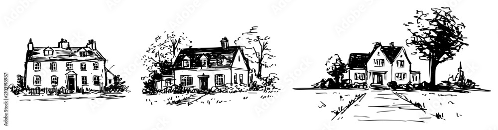 Naklejka premium Traditional country houses and residential cottages in hand drawn sketch style