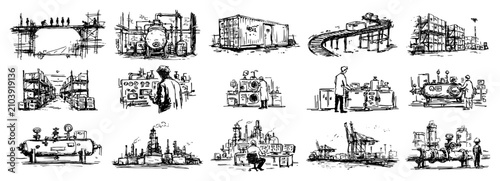 Canvastavla Industrial factory and warehouse scenes collection in sketchy ink style