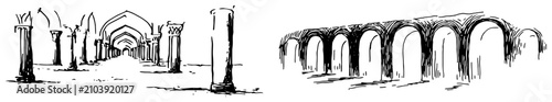 Foto Ancient ruins of columns and stone aqueduct arches in architectural ink sketch s