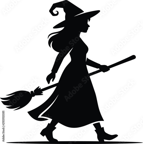Konstfotografi Silhouette of a witch flying on a broomstick halloween concept