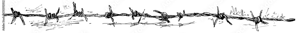 Obraz premium Barbed wire fence stretching horizontally in panoramic loose hand drawn ink sketch style