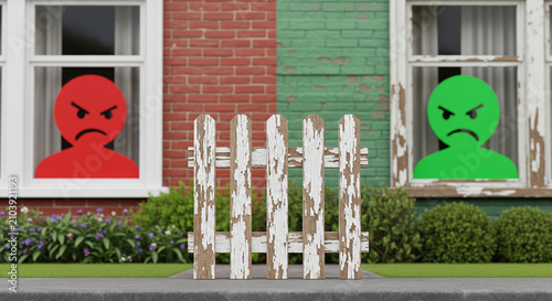 Red and green wooden figures standing by a picket fence in a yard, representing tension and rivalry between neighbors