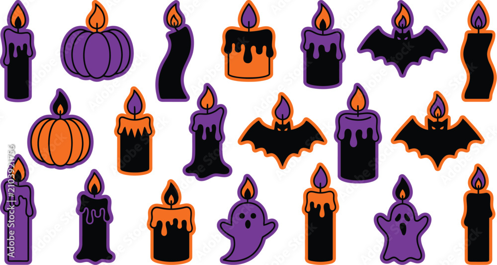Obraz premium Spooky Halloween candle stickers set with bats pumpkins and ghosts vector icon