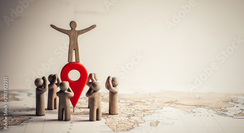 Wooden figure standing with arms raised atop a group, a red pin marking the spot on a world map, symbolizing global leadership