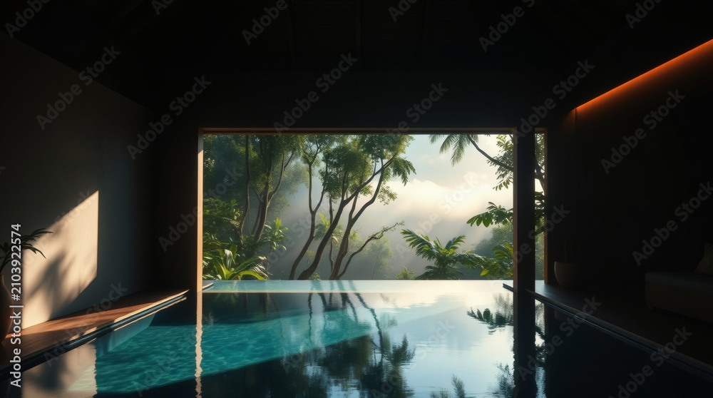 Fototapeta premium Luxury indoor swimming pool with scenic tropical forest view at sunrise