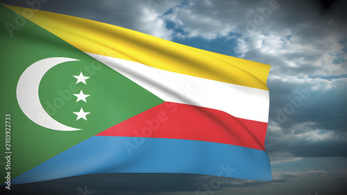 Comoros flag waving against a dramatic cloudy sky background national flag country flag Africa