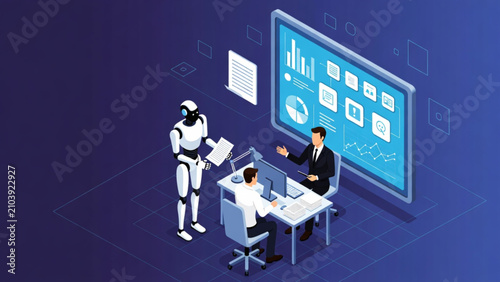 Isometric 3D illustration of AI robot and business team analyzing data dashboard, artificial intelligence collaboration and workflow automation concept in modern blue office
