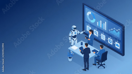 Isometric 3D illustration of AI robot and business team analyzing data dashboard, artificial intelligence collaboration and workflow automation concept in modern blue office