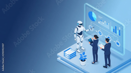 Isometric 3D illustration of AI robot and business team analyzing data dashboard, artificial intelligence collaboration and workflow automation concept in modern blue office