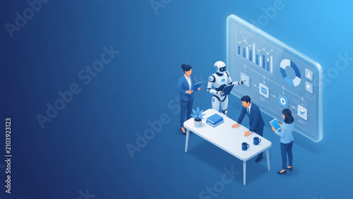 Isometric 3D illustration of AI robot and business team analyzing data dashboard, artificial intelligence collaboration and workflow automation concept in modern blue office