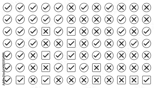 Matrix pattern of black checkmarks and crosses in circular and square frames representing correct and incorrect options.