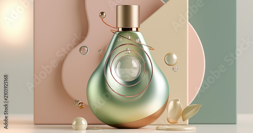 Elegant perfume bottle with reflective glass on pastel display. Luxury fragrance packaging for beauty branding and cosmetic advertising.